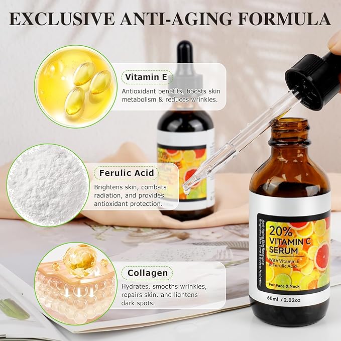Vitamin C Serum,Anti Aging Facial Serum with Vitamin C,Reduce Dark Spots - Acne & Wrinkles, Brightening Serum, Even Skin Tone, Eye Area, Boost Skin Collagen,Hydrate & Plump Skin 60ml (2pcs)