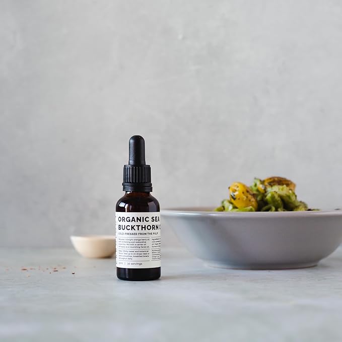 100% Organic Sea Buckthorn Oil 1 fl oz - Cold-Pressed 50:1 - Rich in Omega-7 and Beta-carotene - Straight from Farm - Non-GMO - No Additives or Preservatives - Recyclable Glass Bottle