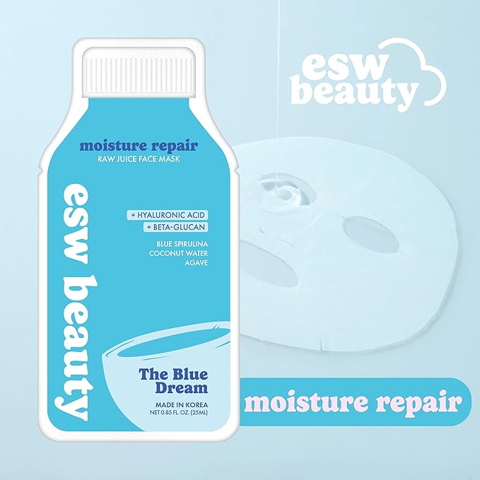 ESW Beauty The Blue Dream - Moisture Repair Raw Juice Face Mask - Hydrating with Blue Spirulina, Coconut Water & Agave for Dry, Sensitive Skin - Replenishes & Fights Aging