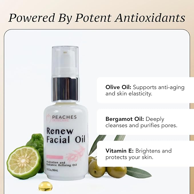 Peaches Skin Care Renew Facial Oil – Squalene-Rich Olive Oil for Face with Vitamin C and E – Nourishing Formula for Balanced, Smoother-Looking Skin – 1 oz