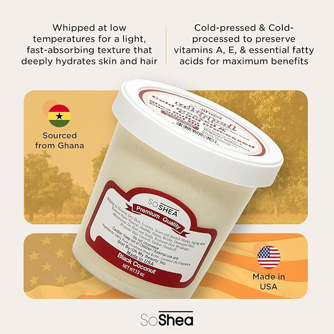 SoShea Whipped Shea Butter Black Coconut - Nourishes, Moisturizes & Renews | 100% African Pure Shea Butter | Cold-Pressed & Cold-Processed | No Dyes & Parabens | Vegan | 11.50oz / 326oz