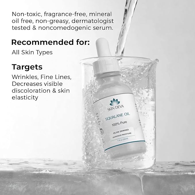SKIN DEVA 100% Squalane Oil Pure Organic 1 oz Face Oil Plant Light Weight Non Greasy, Moisturizing Beauty Oil Organic Squalane Oil For Face and For All Skin Types including Oily or Dry (30 ml)