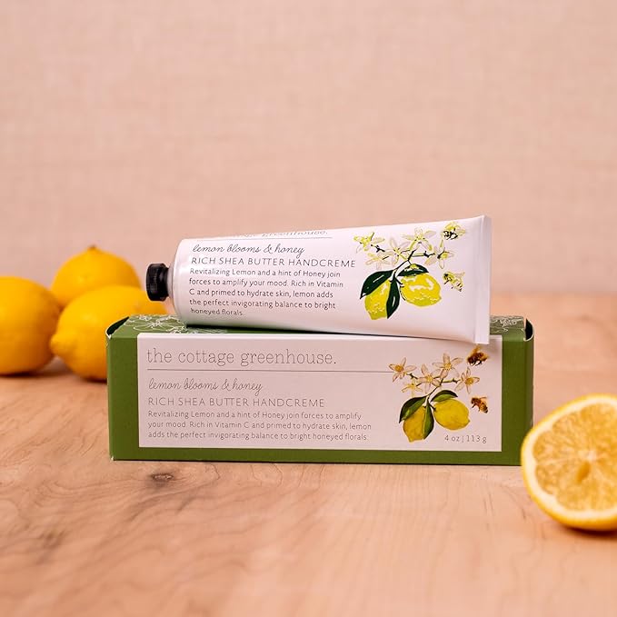 The Cottage Greenhouse Lemon Blooms & Honey Handcreme, 4 oz., Hand Lotion for Women, Hand Cream for Dry Cracked Hands, Moisturizing Hand Cream, Shea Butter Lotion, Paraben Free and Vegan