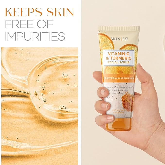 Skin 2.0 Vitamin C & Turmeric Face Scrub - Dermatologist Tested, Exfoliating, Brightening, Hydrating, Anti-Aging, Clean Beauty, Cruelty-Free Korean Skincare, All Skin Types - 6.76 Fl Oz / 200ML