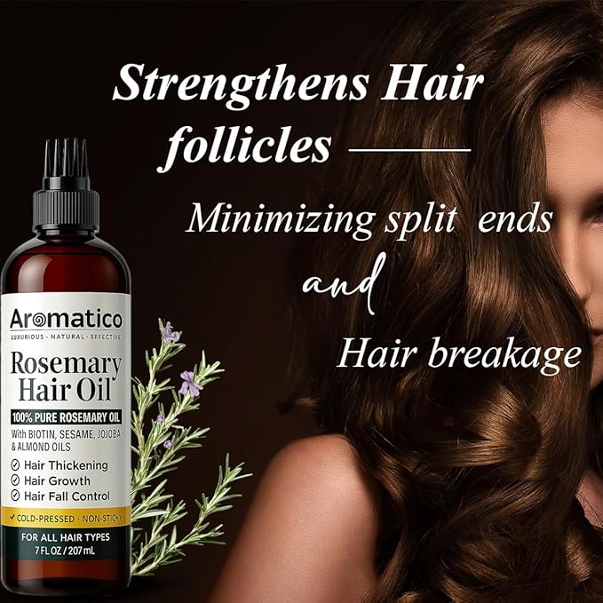 Aromatico 100% Pure Rosemary Oil for Hair Growth, Hair-fall Control & Hair Thickening. Enriched with Sesame, Jojoba & Almond Oils. Non-Sticky Texture. With Applicator Cap - 7 Fl Oz