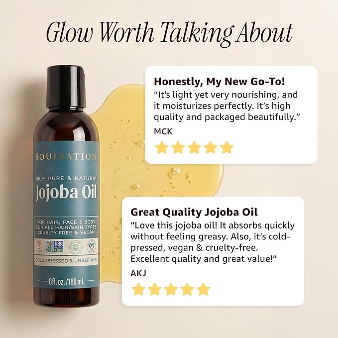 SOULSATION Pure Jojoba Oil for Skin, Hair, Face & Body – 100% Natural, Cold Pressed, Unrefined | Non-GMO, EWG Verified, Cruelty-Free, Vegan Moisturizing Oil for Dry Skin, Scalp & Beard 6oz