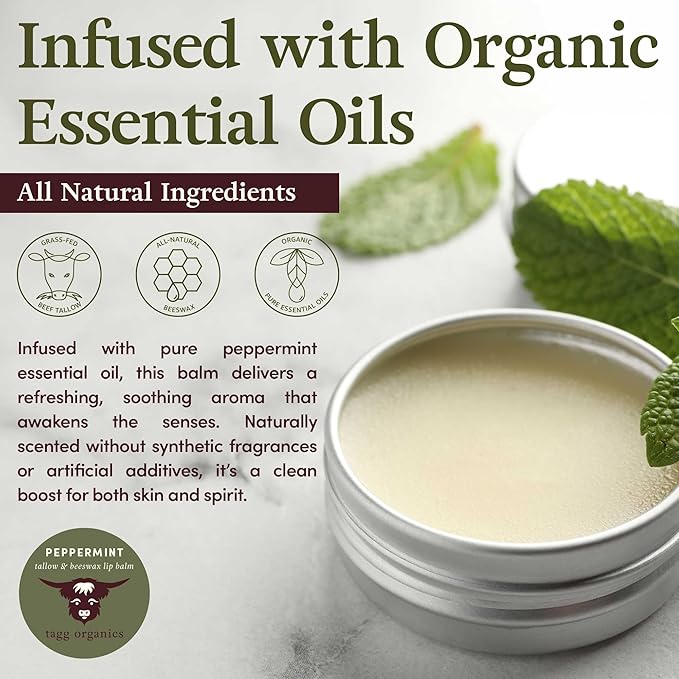 Peppermint Moisturizing Tallow Lip Balm – Nourishing & Soothing with Organic Grass-Fed & Finished Tallow, 100% All Natural Beeswax & Essential Oils for Soft, Hydrated Lips, 0.5 oz., by Tagg Organics.