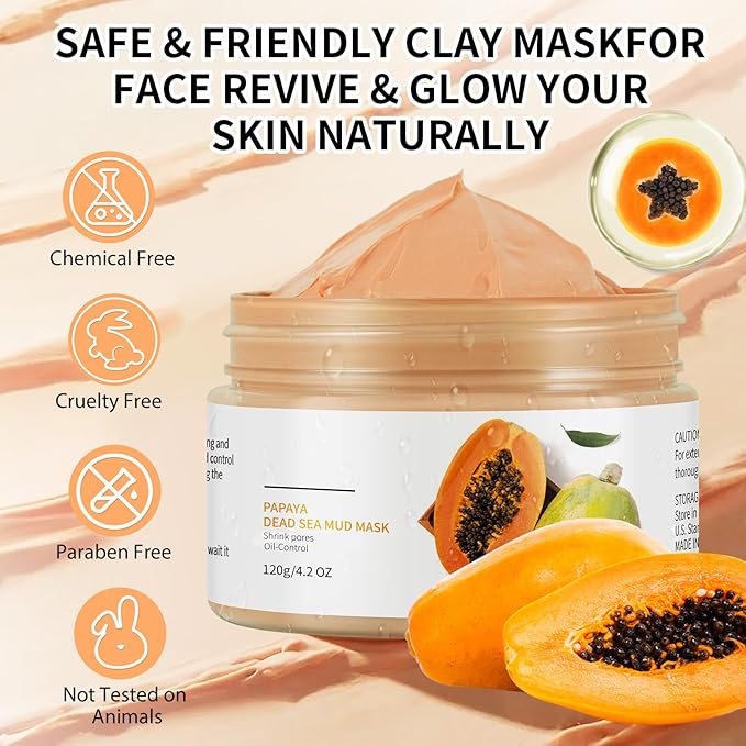 Clay Mud Face Mask for Women,Papaya Dead Sea Mud Facial Mask Skincare,Deeping Cleansing,Oil Control,Hydrating Face Cleaning Clay Masks for All Skin Types (4.2OZ)
