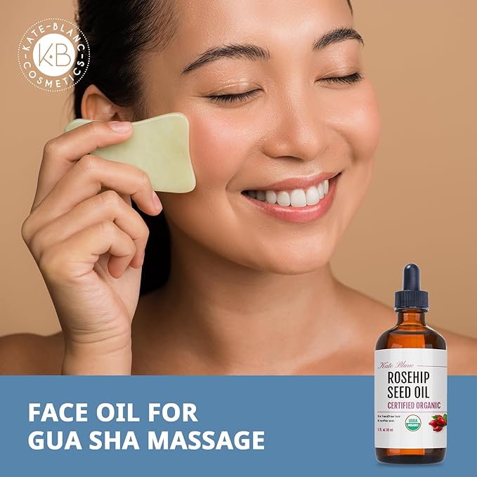 Kate Blanc Cosmetics Rosehip Oil for Face & Softer Glowing Skin (1oz, Organic, 100% Pure, Cold Pressed) Rosehip Seed Face Oil for Facial & Gua Sha Massage (Pack of 2)