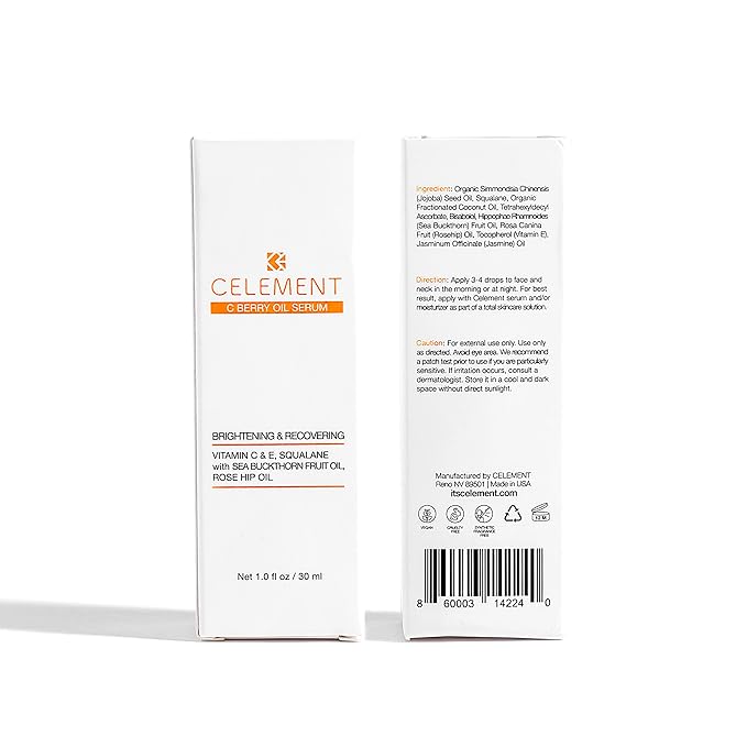 C Berry Oil Serum with Vitamin C, Sea Buckthorn, Rosehip, Jojoba, Squalane - Reduces Hyperpigmentation, Age Spots, Scars, Fine Lines - Nail and Cuticle Treatment - Glowing Skin, 1 fl. oz