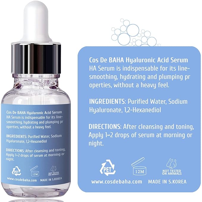 Cos De BAHA Hyaluronic Serum 1 Fl Oz – Pure Sodium Hyaluronate 10,000 ppm Hydrating Face Serum for Dry & Dehydrated Skin – Lightweight Fragrance-Free Korean Skincare Formula (30 ml)