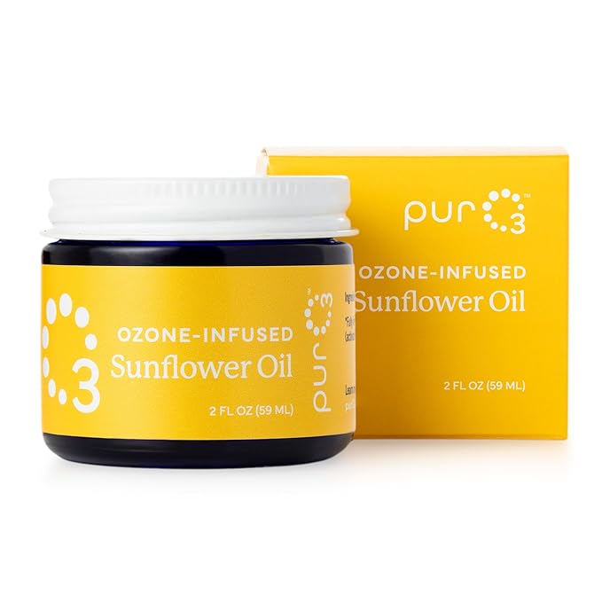 PurO3 Ozonated Sunflower Oil – Pure, Natural, Organic Skincare for Face & Body – Oxygenated Healing Lotion, Moisturizer & Beauty Cream in a Glass Jar – O3 Therapy Salve, 2 oz