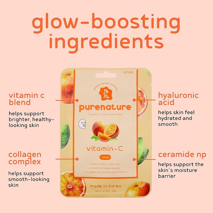 PB & JAY Purenature Facial Mask – Premium Quality Korean Sheet Mask for Dull Skin – Korean Collagen Essence Radiance-Reviving Facemask Sheet (Vitamin C)