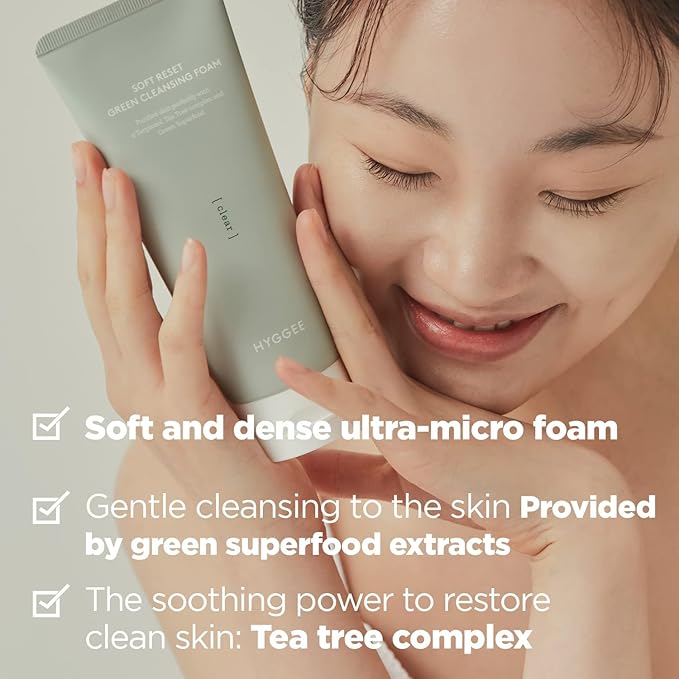 HYGGEE Soft Reset Green Cleansing Foam - Gentle Face Wash with Tea Tree Extract, Ultra Micro Bubbles Mild Facial Cleanser for Sensitive Skin - Soothes & Moisturizes Irritated, 5.07oz.