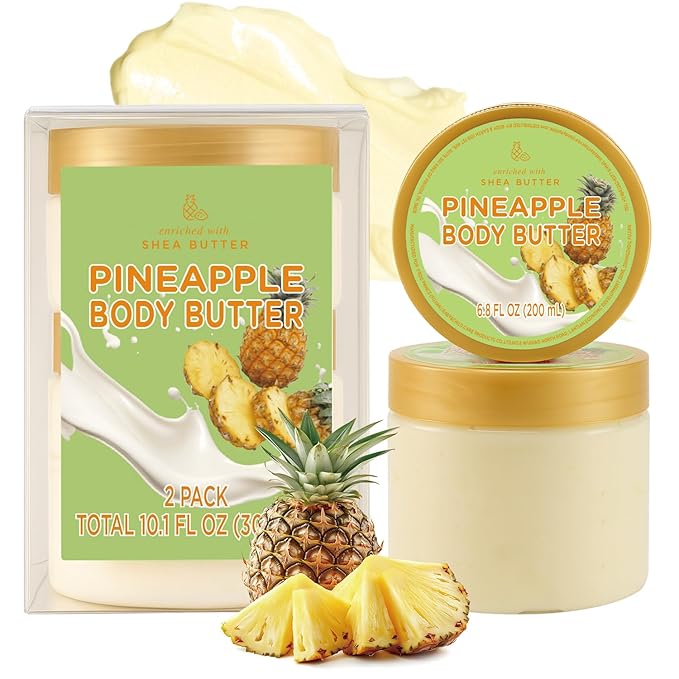 Pineapple Body Butter, Shea Body Butter for Women Dry Skin, Natural Pineapple Lotion for Body Care Smell Good-3.4 floz+6.8 floz(100ml+200ml)