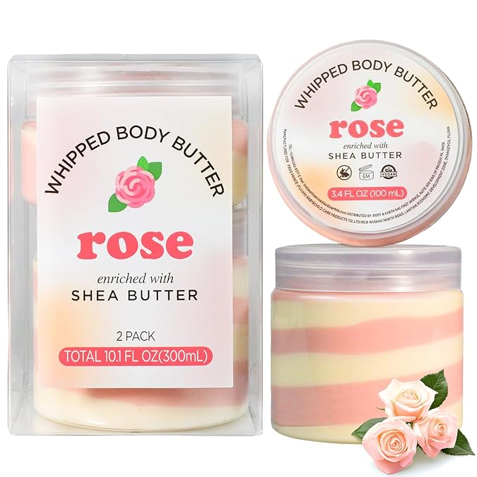 Rose Whipped Body Butter, Whipped Body Butter for Women, Shea Body Moisturizer for Dry Skin, Gentle Hydration with Long Lasting Moisture-3.4 floz+6.8 floz