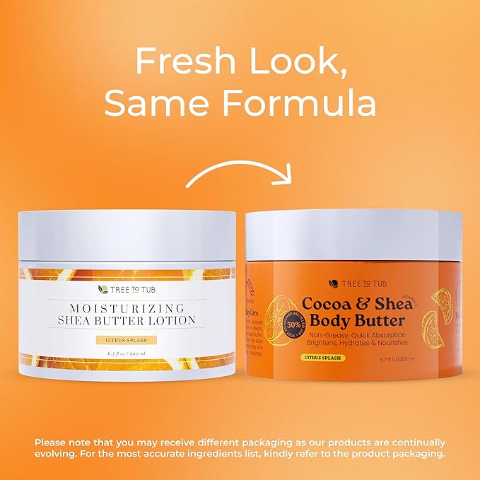 Tree To Tub Shea Body Butter for Dry, Extremely Dry, Sensitive Skin - Moisturizing Body Cream for Women & Men, Hydrating Body Lotion Moisturizer w/Vitamin C, Organic Cocoa, Citrus Scent