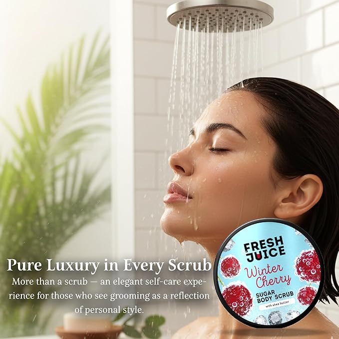 Fresh Juice Winter Cherry Sugar Body Scrub – Gentle Exfoliating Body Scrub with Shea Butter – 95% Natural Ingredients, Vegan – Nourishes, Smooths & Luxurious Care – 6.76 fl oz