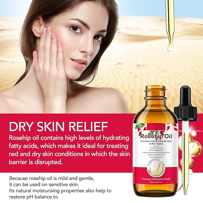 Rosehip Oil 60ml, 100% Pure & Natural Rosehip Oil for Face, Body, Hair, Skin & Hand, Can Be Used on Face Moisturizer, Anti-Aging, Dry Skin Relief, Hair Care. (1Pack-2.02fl.oz)