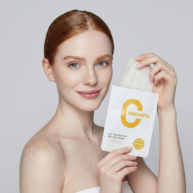 ELT Mega Vitamin C Sheet Mask 10Pack - Brightening, Hydrating, Wrinkle care - Korean Face Mask with Niacinamide, Vitamin C & Hyaluronic Acid - Vegan Skincare Made in Korea (25g/0.88 oz each)