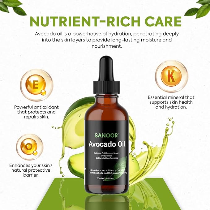 SANOOR California Gold Avocado Oil - 100% Pure & Cold-Pressed - Premium Grade for Hair & Skin with Nutrient-Rich Hair Butter - 2.02oz (60ml)