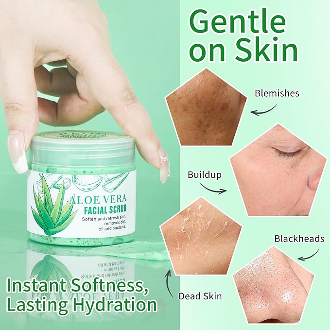 Facial Scrub & Face Exfoliator, Aloe Vera Exfoliating Facial Scrub & Cleanser for Smooth Skin, Face Exfoliator Gentle Pore Refining for Refresh Skin