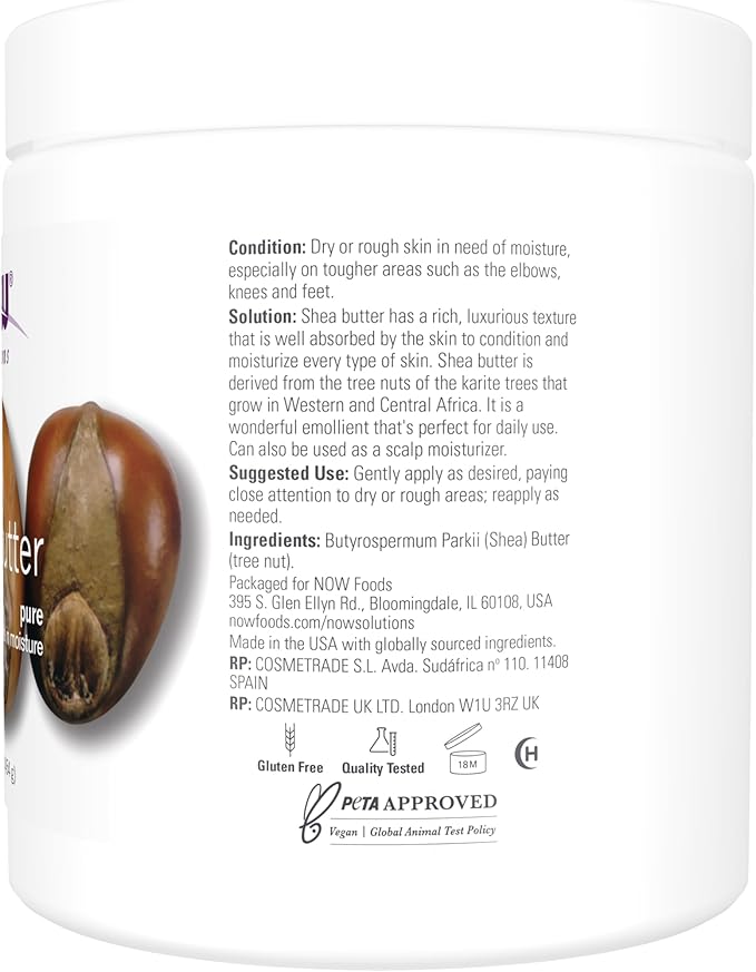 NOW Foods Solutions, Shea Butter, Skin Emollient, Seals in Moisture for Dry Rough Skin, 16-Ounce