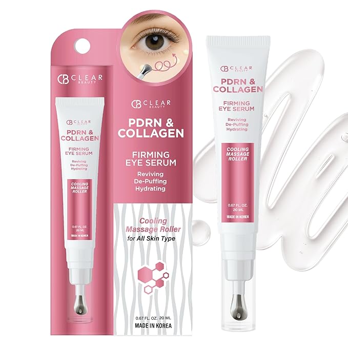 Clear Beauty Eye Serum with Salmon DNA PDRN & Collagen - Dermatologist Tested, Anti Aging, Korean Skin Care - Cooling Roller For Firming, Hydration - Vegan, Clean Beauty, Cruelty Free