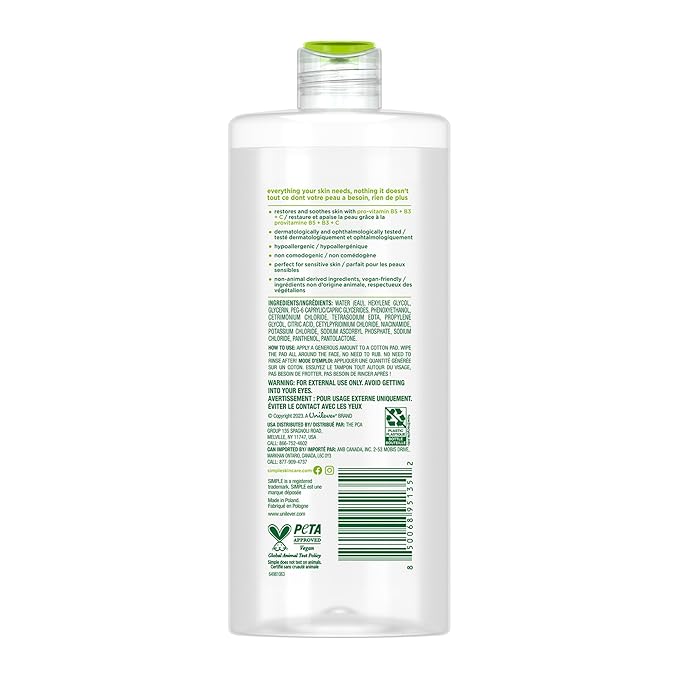 Simple Kind To Skin Micellar Water - Makeup Remover and Facial Cleanser - Face Cleanser with Pro-Vitamin B5, B3 and C - Vegan, No Perfumes - 6 pc