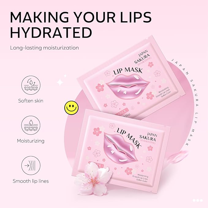 AKARY Sakura 5 Pieces Hydrating Lip Mask, Lip Sleep Mask Collagen Crystal Lip Care Gel Pads For Moisturizing, Minimize Fine Lines, Remove Dead Skin, Chapped Pads Lip Mask (5)
