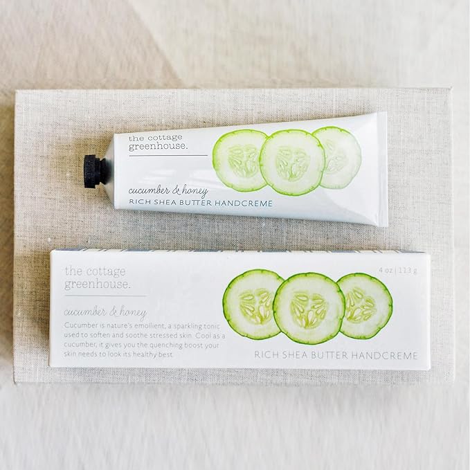 The Cottage Greenhouse Cucumber & Honey Handcreme, 4 oz, Hydrating & Moisturizing Hand Cream for Dry, Cracked Hands, Luxury Purse Essential Lotion for Women