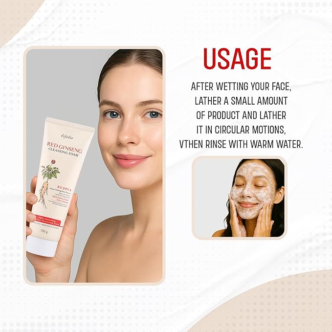 esfolio Red Ginseng Cleansing Foam – Korean Skincare Face Wash with Herbal Extracts – Creamy Daily Cleanser for All Skin Types – Refreshing Foaming Formula – (5.29oz - 150ml)