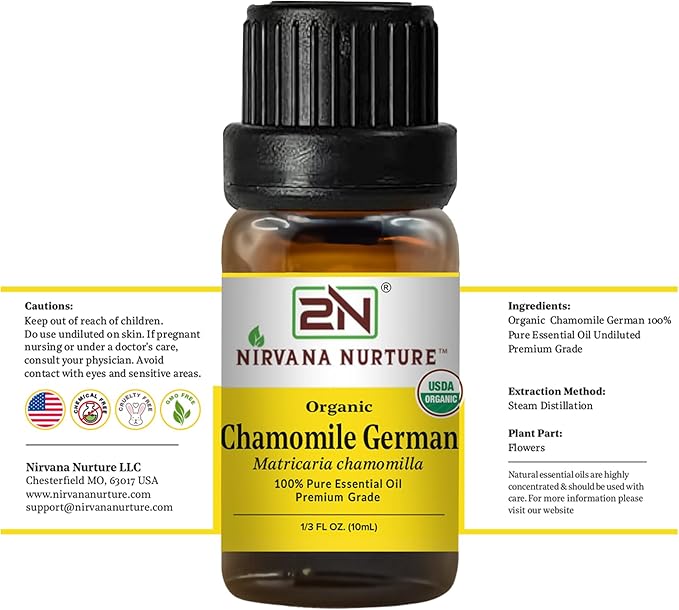 Chamomile German Essential Oil USDA Certified Organic, 100% Pure Natural Premium Grade, Undiluted- Aromatherapy Diffuser for Calm and Relaxation, Skin Care, Hair Care