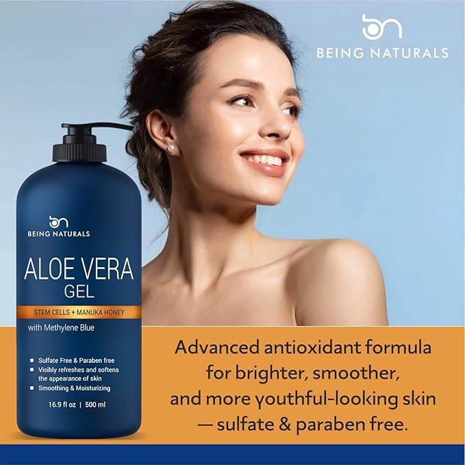 Aloe vera Gel - from 100% Pure Organic Aloe Infused with Manuka Honey, Stem Cell, Methylene Blue - Natural Raw Moisturizer for Face, Body, Hair. Perfect for Sunburn, Acne, Razor Bumps 16.9 fl oz