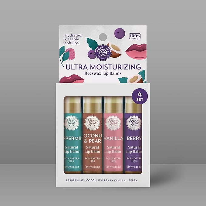 Lip Balm Set: All-Natural Shea Butter, Beeswax, Coconut Oil, Vitamin E Infused Lip Moisturizer Care (4 Pack, Ultra Moisturizing)