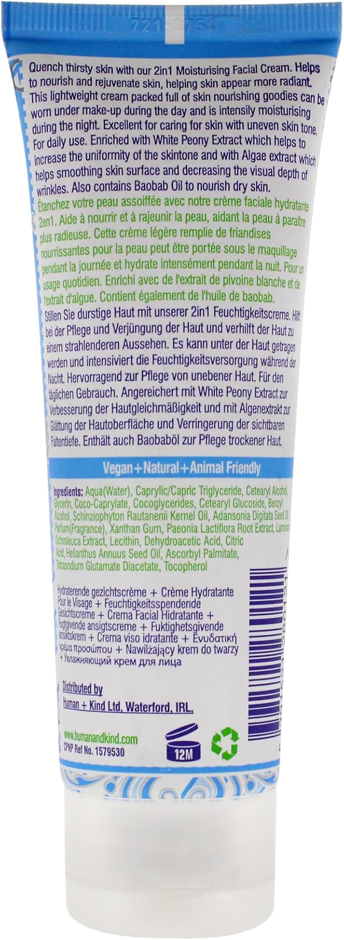 Human+Kind Moisturizing Facial Cream - Nourishing, Smoothing, Lightweight Daily Face Cream to Hydrate - White Peony Extract to Reduce Redness - Vegan, Soothing on Sensitive Skin - 2.5 oz