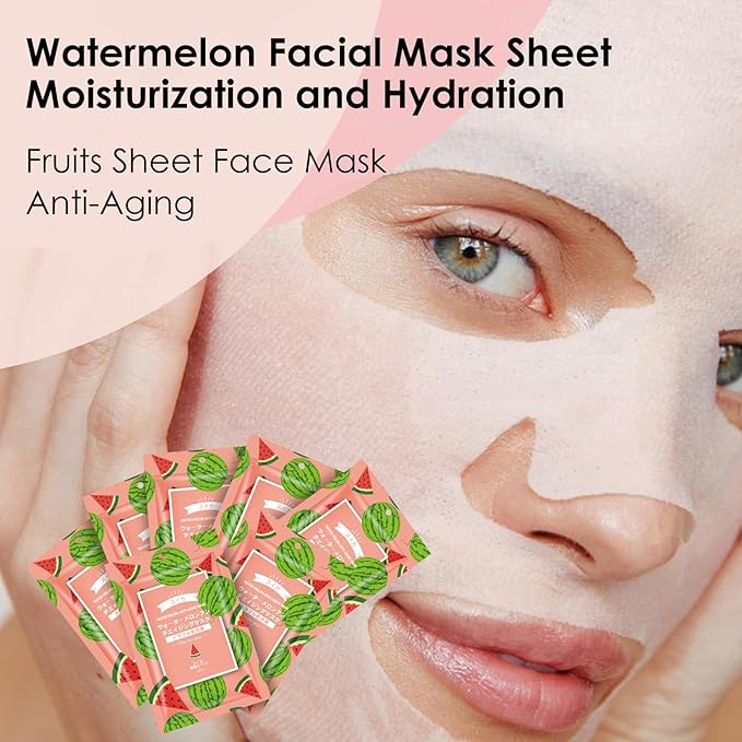 Hydrating Facial Masks Skincare for Women,Watermelon Face Mask Sheet Skincare,Moisturizing Face Mask for All Skin Types (10-Packs)