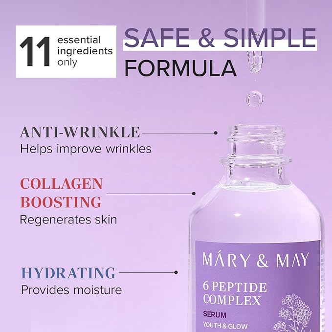 Mary&May 6 Peptide Complex Serum (Copper Peptide + Matrixyl + Adenosine) – Water-Light Anti-Aging Face Serum for Fine Lines & Firmness, Fast-Absorbing Non-Sticky, EWG Verified – 1.01 fl oz