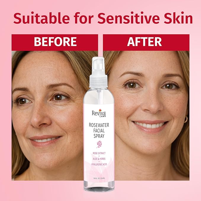 Reviva Labs Rosewater Facial Spray with Soothing Aloe, Herbs & Hyaluronic Acid - Hydrating Rose Water Spray for Face Agua de Rosas para La Cara - Face Mist Toner for All Skin Types, 8 Fl Oz