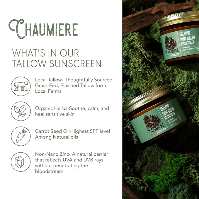 Natural Tallow Sunscreen SPF 50 – Herb-Infused Balm with Non-Nano Zinc, Carrot Seed Oil & Grass-Fed Tallow – Face Moisturizer, Eye-Safe, Reef Safe, Organic Ingredients, Made in USA – 2.5oz