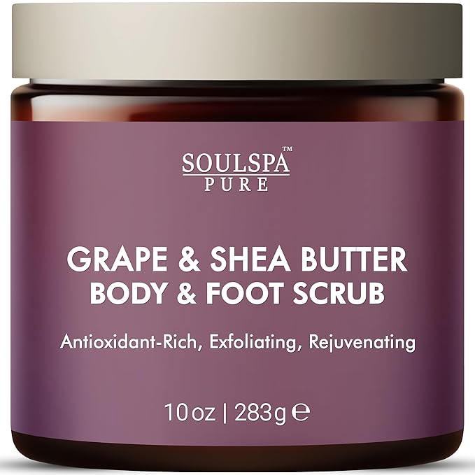 SOULSPA PURE Grape & Shea Butter Body & Foot Scrub - Rejuvenating & Antioxidant Rich Exfoliating Body Scrub for Glowing Skin, 10 oz