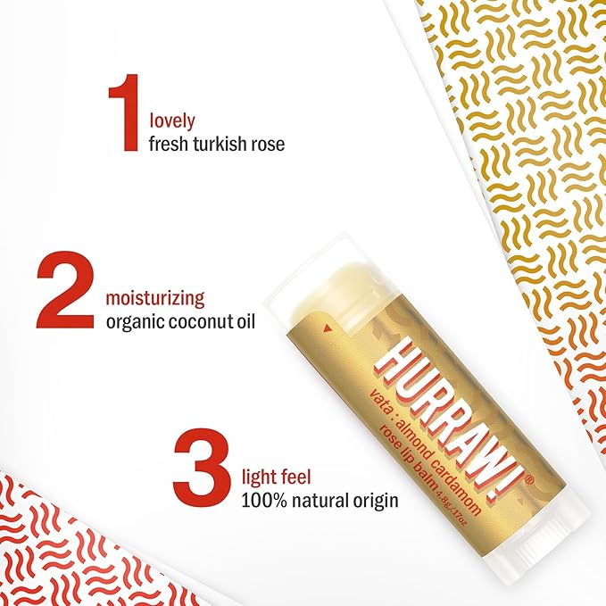 Hurraw! Almond, Cardamom, Rose (Vata) Lip Balm, 2 Pack: Organic, Certified Vegan, Cruelty and Gluten Free. Non-GMO, 100% Natural Ingredients. Bee, Shea, Soy and Palm Free. Made in USA