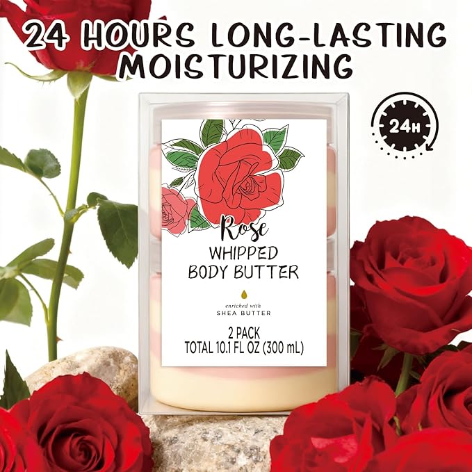 Rose Whipped Body Butter, Shea Body Butter for Women Dry Skin, Natural Rose Lotion for Body Moisturizer-Deep Moisturizing and Softening-3.4 floz+6.8 floz(100ml+200ml)