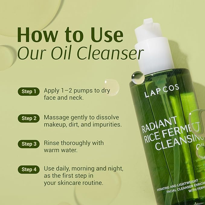 LAPCOS Fermented Rice Deep Hydration Cleansing Oil - Lightweight, Moisturizing and Hydrating Rice Bran Oil Face Wash Cleanser Makeup Remover - Vegan Korean Skin Care for All Skin Types 6.76 fl oz