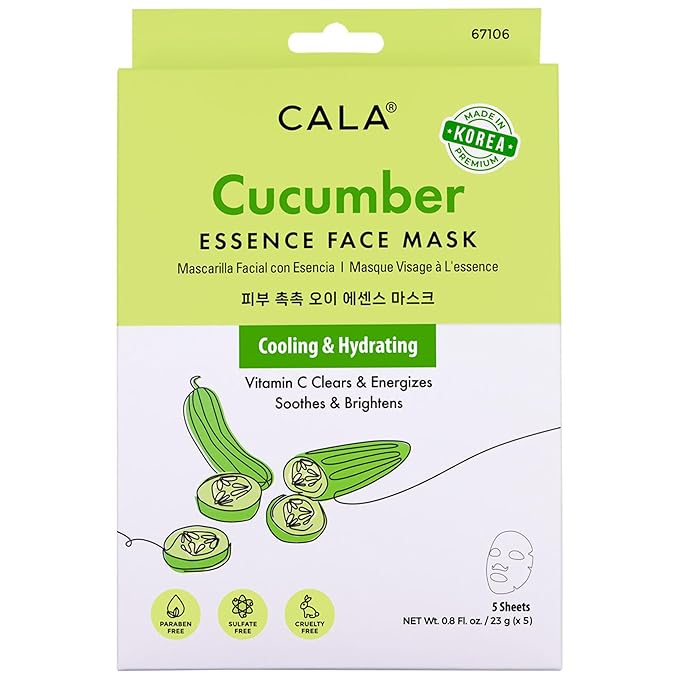 Cala Cucumber Essence Facial Sheet Masks, 5 Pack - Ultra-Thin Hydrating Face Mask Sheets with Cucumber + Watermelon Extract, Sodium Hyaluronate, No Rinse, For Dry/Dull Skin