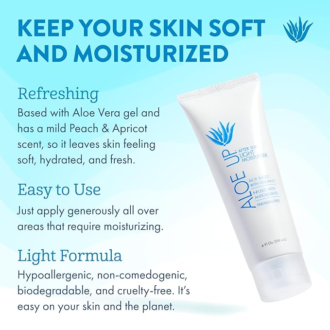 ALOE UP Spa Collection After Sun Light Moisturizer – Hydrating Aloe Vera Lotion with Vitamin E – Lightweight, Soothing & Fast Absorbing – Mineral Oil Free, Peach-Apricot Scent – 4 Oz