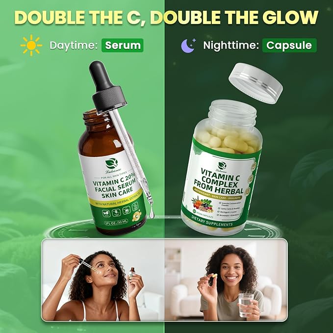 Vitamin C Serum for Face, 20% Brightening Face Serum with Sodium Hyaluronate for Dark Spots & Fine Lines – Support Collagen & Skin Radiance, Plus Vit C Caps for Inside-Out Support, 1 Fl Oz + 60 Caps