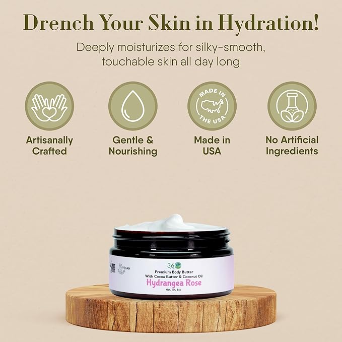 360Feel Hydrangea Rose Body Butter - Nourishing and Hydrating Shea Body Butter with a Gentle Formula - Handmade with Essential Oils - Creamy Formula for Daily Use - Zero Harsh Additives - 8 Ounce