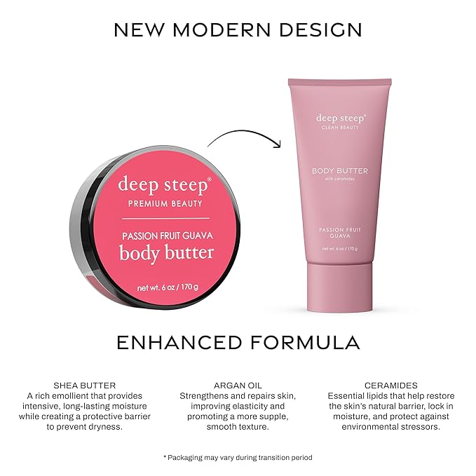 Deep Steep Body Butter, 6 oz – Rich Moisturizer with Ceramides, Coconut Oil, Argan Oil & Aloe Vera – Vegan, Clean Beauty, Smooth & Hydrated Skin (6 Ounces, Passion Fruit Guava)
