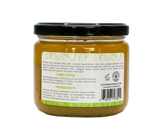 Lemongrass Organic Sugar Scrub for Glowing, Smooth, and Healthy Skin, Hypoallergenic, All-Natural, Plant-Derived, Made in USA by DAYSPA Body Basics